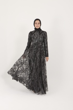 Siyah Sim Baskılı Astarlı Grater Abiye Elbise