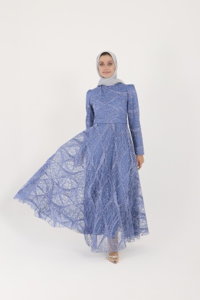 Mavi Grater Sim Baskılı Astarlı Abiye Elbise