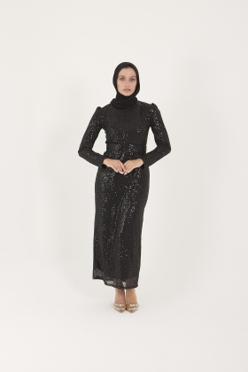 Siyah Pul Payet Astarlı Abiye Elbise