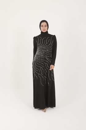 Taş İşlemeli Siyah Krep Abiye Elbise