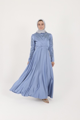 Taşlı Saten Pileli Mavi Abiye Elbise