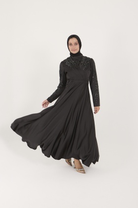 Taşlı   Saten Pileli Siyah Abiye Elbise