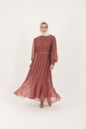 Jan Jan Şifon Pliseli Astarlı Abiye Elbise - Kiremit
