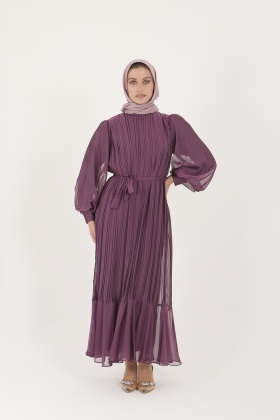 Jan Jan Şifon Pliseli Astarlı Abiye Elbise - Mor