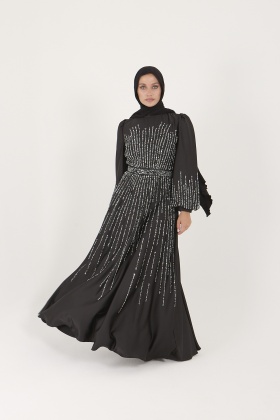 Taş Detaylı Saten Kuşaklı Abiye Elbise - Siyah