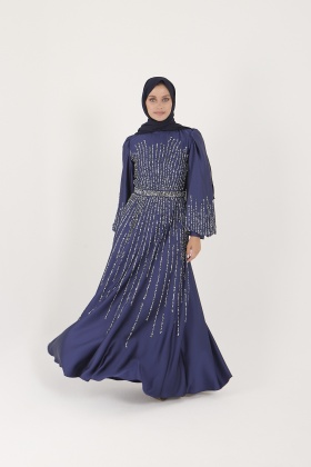 Taş Detaylı Saten Kuşaklı Abiye Elbise - Lacivert