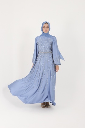 Taş Detaylı Saten Kuşaklı Abiye Elbise - Mavi