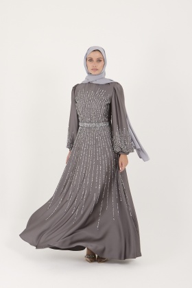 Taş Detaylı Saten Kuşaklı Abiye Elbise - Gri
