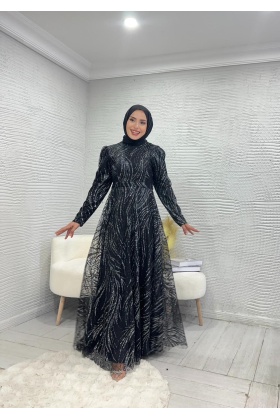 Sim Detaylı Siyah Grater Abiye Elbise