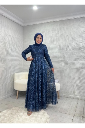 Sim Detaylı Lacivert Grater Abiye Elbise