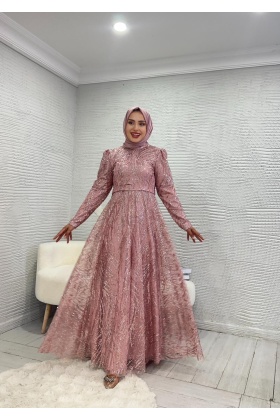 Sim Detaylı Pudra Grater Abiye Elbise