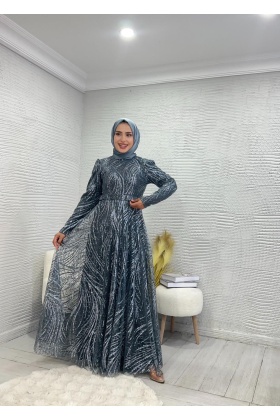 Sim Detaylı Füme Grater Abiye Elbise