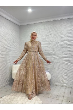 Sim Detaylı Altın Grater Abiye Elbise