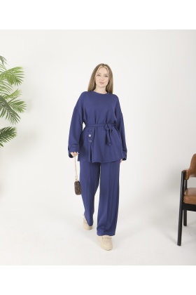 Saks Mavisi Düğmeli Oyso Pantolonlu Takım