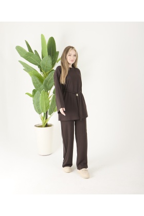 Kahverengi Tokalı Oyso Pantolonlu Takım