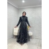Sim Detaylı Siyah Grater Abiye Elbise