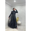 Sim Detaylı Siyah Grater Abiye Elbise