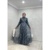 Sim Detaylı Füme Grater Abiye Elbise