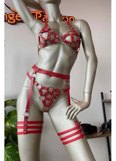 Kırmızı Deri Bdsm Fantazi Jartiyer Takım