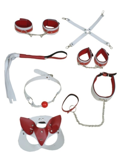 Censan 7 Parça Fetiş Esaret Seti Kırmızı Beyaz Kedi Maskeli