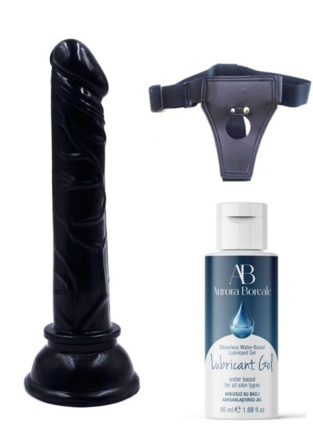 Censan Belden Bağlamalı Kayganlaştırıcı Set Siyah Renk Gerçekçi 15CM Anal Dildo