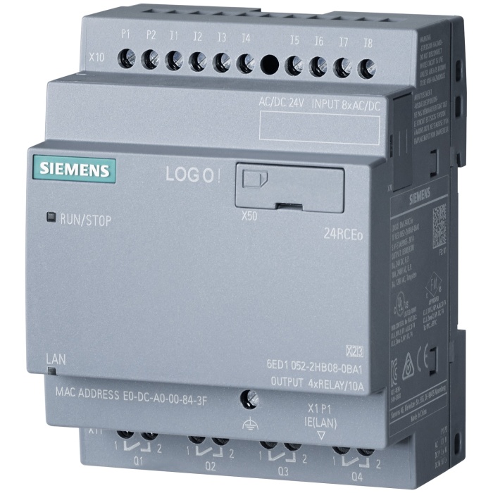 6ED1052-2HB08-0BA2  -  LOGO! 24RCEO (AC), mantık modülü, güç kaynağı / G/Ç: 24 V DC/24 V AC/röle, 8 DI/4 DO, ekransız, 400 blok bellek, modüler olarak genişletilebilir, Ethernet, entegre web sunucusu, veri kaydı, kullanıcı