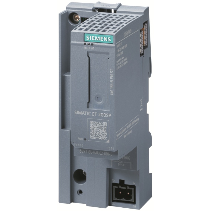 6ES7155-6AU02-0BN0  -  SIMATIC ET 200SP, PROFINET interface module IM 155-6 PN ST, max. 32 I/O modules, and 16 ET 200AL modules, multi hot swap, optional PN strain relief, PN security class 1 incl. server module (6ES7193-6P