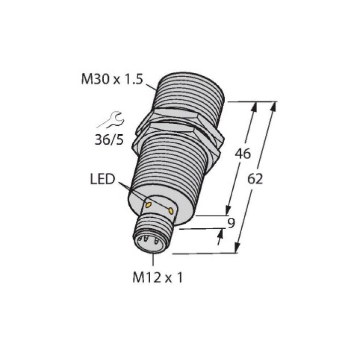 BI15-M30-AP6X-H1141  -  M30 göve 62mm uzunluk, algılama 15 mm Düz kafa  3 telli, NA kontak, PNP M12 Soketli