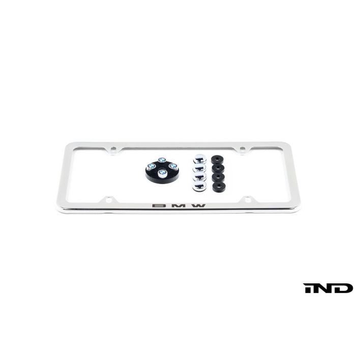 BMW Laser Slimline License Plate Frame with BMW Roundel Valve Stem Caps - Polished Silver
