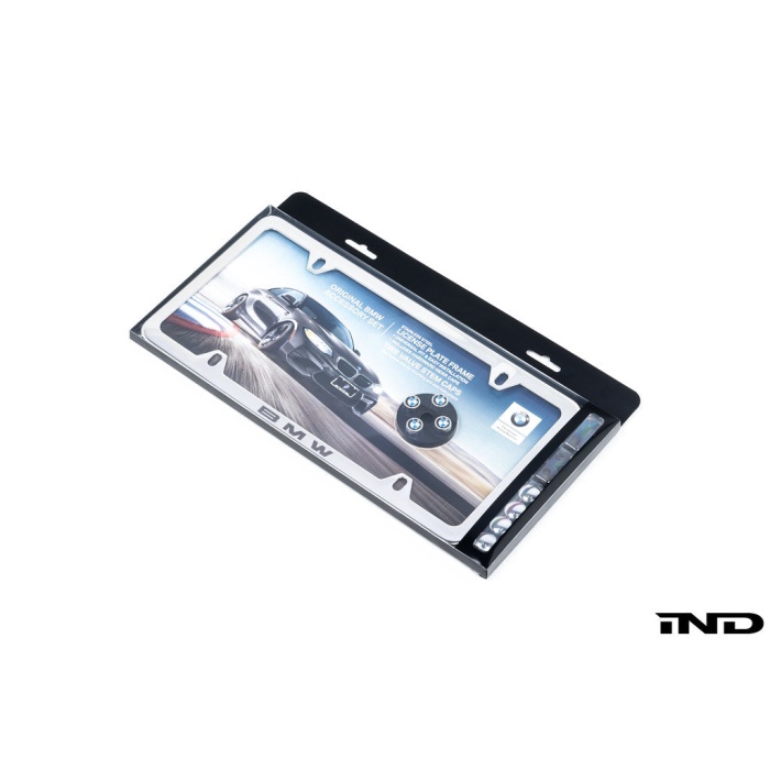 BMW Laser Slimline License Plate Frame with BMW Roundel Valve Stem Caps - Polished Silver