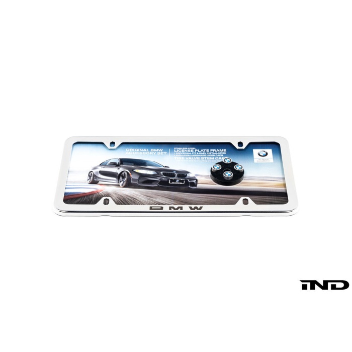 BMW Laser Slimline License Plate Frame with BMW Roundel Valve Stem Caps - Polished Silver