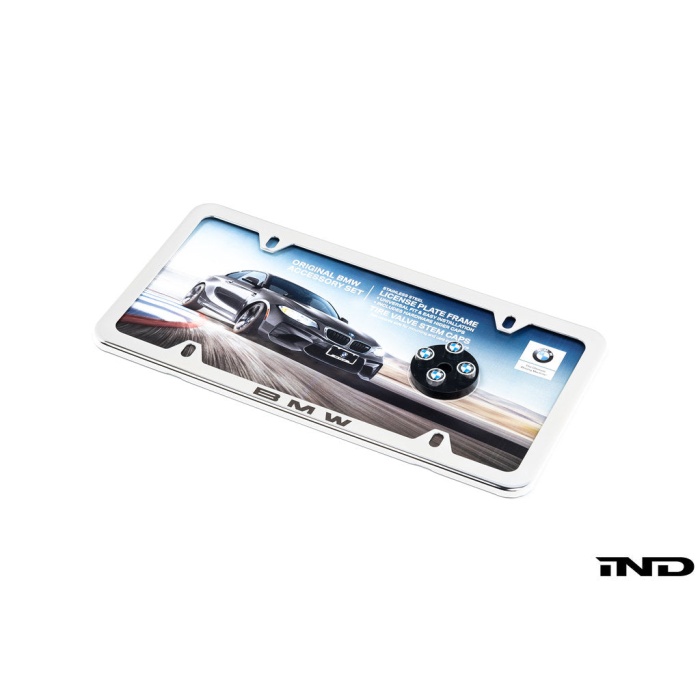 BMW Laser Slimline License Plate Frame with BMW Roundel Valve Stem Caps - Polished Silver