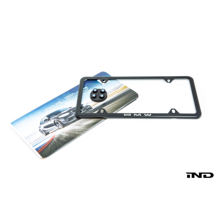 BMW Laser Slimline License Plate Frame with BMW Roundel Valve Stem Caps - Satin Black