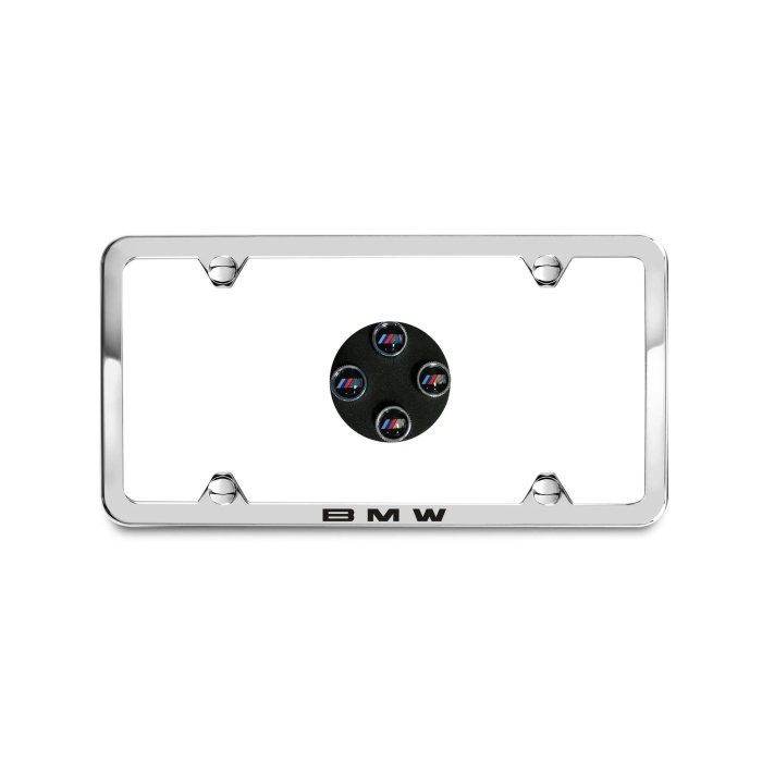 BMW Laser Slimline License Plate Frame with M Logo Valve Stem Caps - Polished Silver