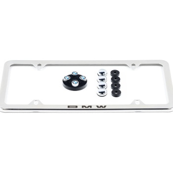 BMW Laser Slimline License Plate Frame with BMW Roundel Valve Stem Caps - Polished Silver