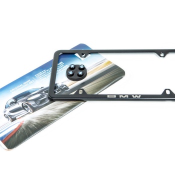 BMW Laser Slimline License Plate Frame with BMW Roundel Valve Stem Caps - Satin Black