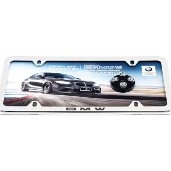BMW Laser Slimline License Plate Frame with M Logo Valve Stem Caps - Polished Silver