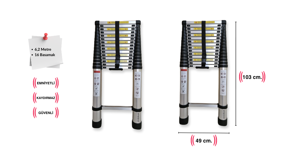 620 cm - 16 Basamaklı Teleskopik Alüminyum Merdiven: 150 kga Kadar Dayanıklılık