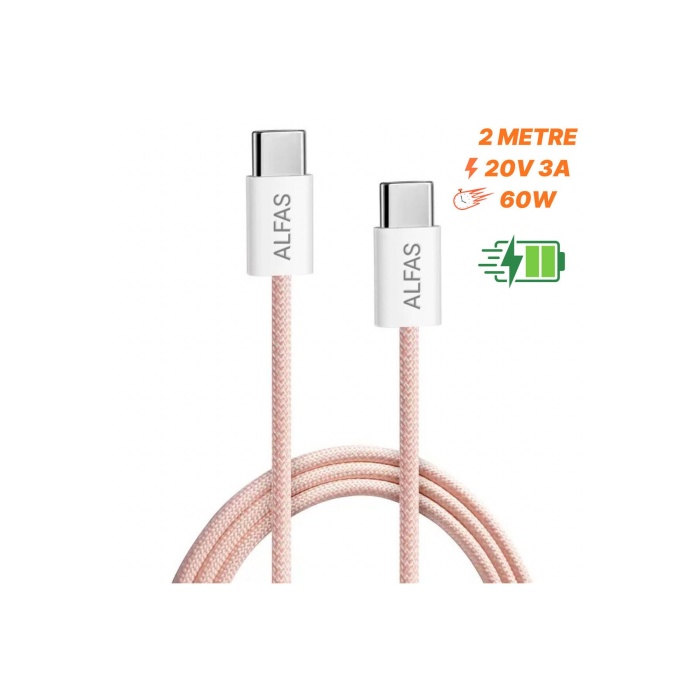 Type-C Şarj Kablosu PD 60W 3A 1Gbps Hızlı Şarj & Data Transfer Usb-c Iphone Android Örgülü Kablo Pembe 2 Metre