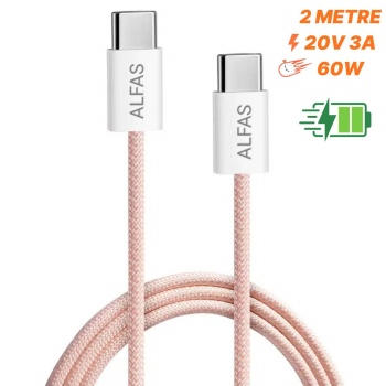 Type-C Şarj Kablosu PD 60W 3A 1Gbps Hızlı Şarj & Data Transfer Usb-c Iphone Android Örgülü Kablo Pembe 2 Metre