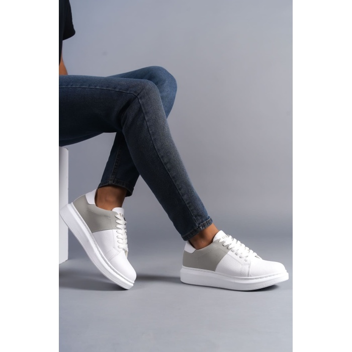 SLW151 Boost Bağcıklı Cilt Süet Erkek Günlük Sneaker Ayakkabı BT - Beyaz/Gri
