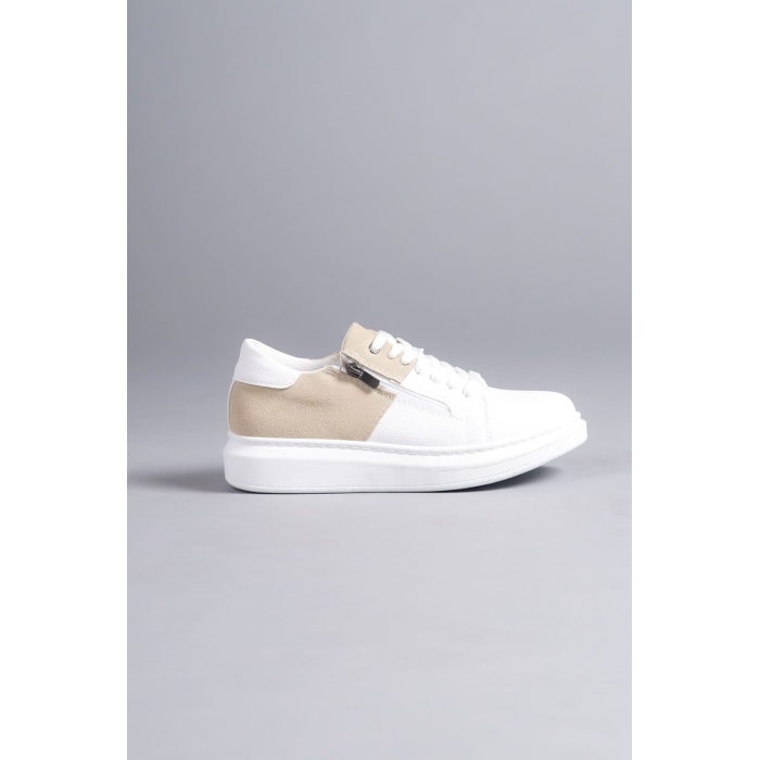 SLW155 Warrior Bağcıklı ve Fermuarlı Cilt Süet Erkek Günlük Sneaker Ayakkabı BT - Beyaz/Krem