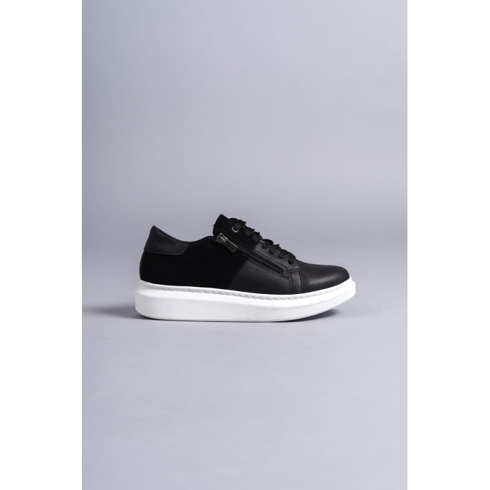 SLW155 Warrior Bağcıklı ve Fermuarlı Cilt Süet Erkek Günlük Sneaker Ayakkabı BT - Siyah