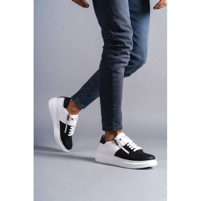 SLW155 Warrior Bağcıklı ve Fermuarlı Cilt Erkek Günlük Sneaker Ayakkabı BT - Beyaz/Siyah