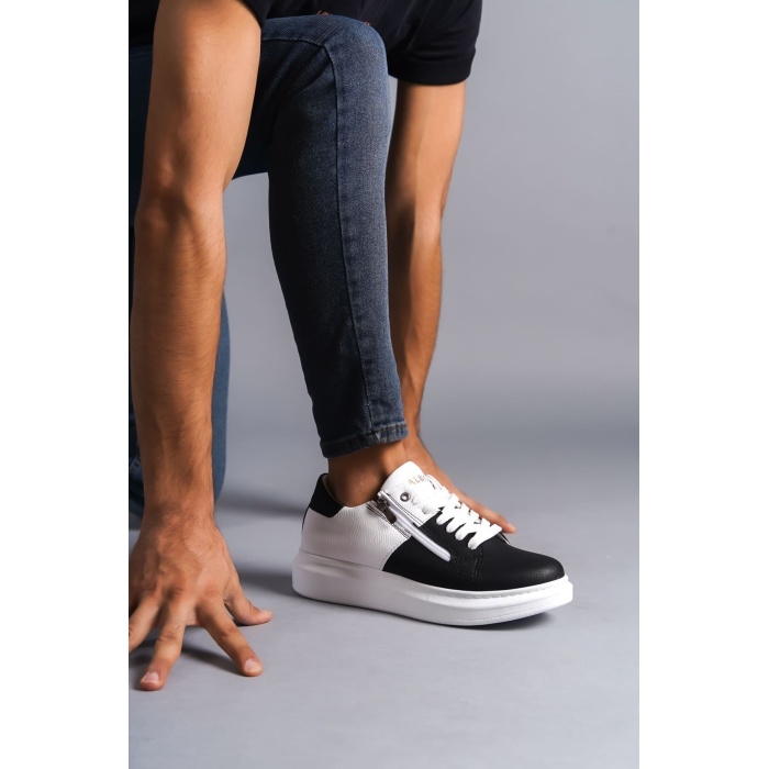 SLW155 Warrior Bağcıklı ve Fermuarlı Cilt Erkek Günlük Sneaker Ayakkabı BT - Beyaz/Siyah