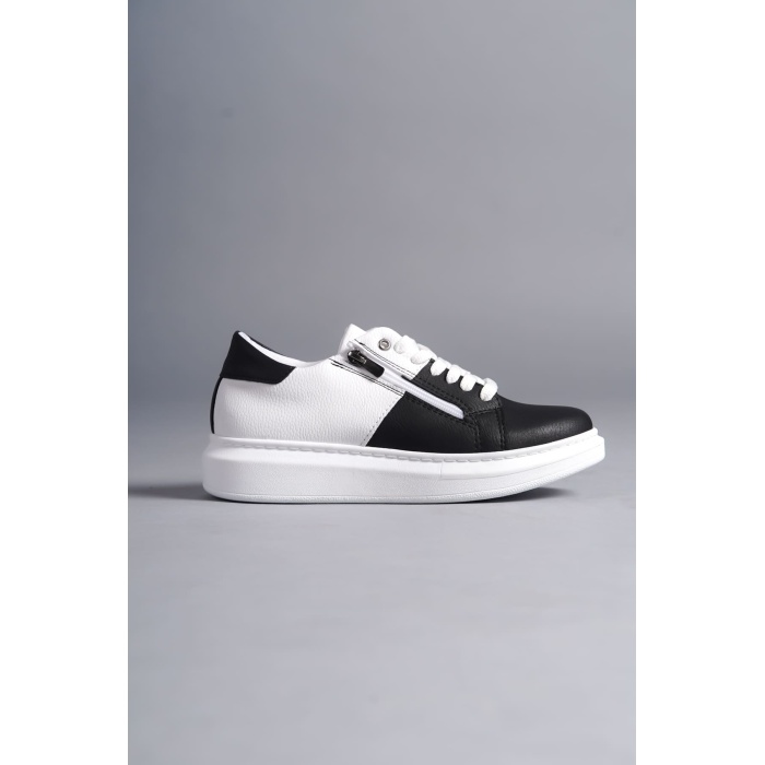 SLW155 Warrior Bağcıklı ve Fermuarlı Cilt Erkek Günlük Sneaker Ayakkabı BT - Beyaz/Siyah