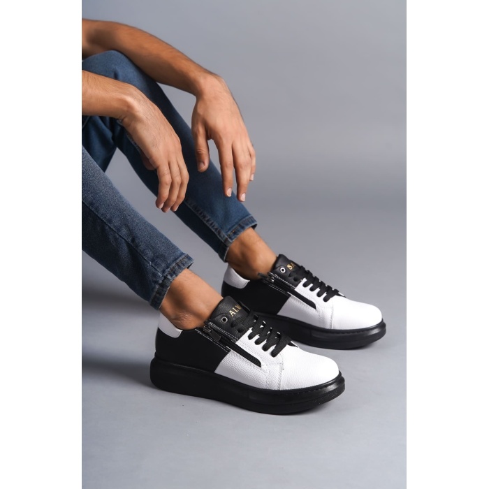 SLW155 Warrior Bağcıklı ve Fermuarlı Cilt Erkek Günlük Sneaker Ayakkabı ST - Siyah/Beyaz
