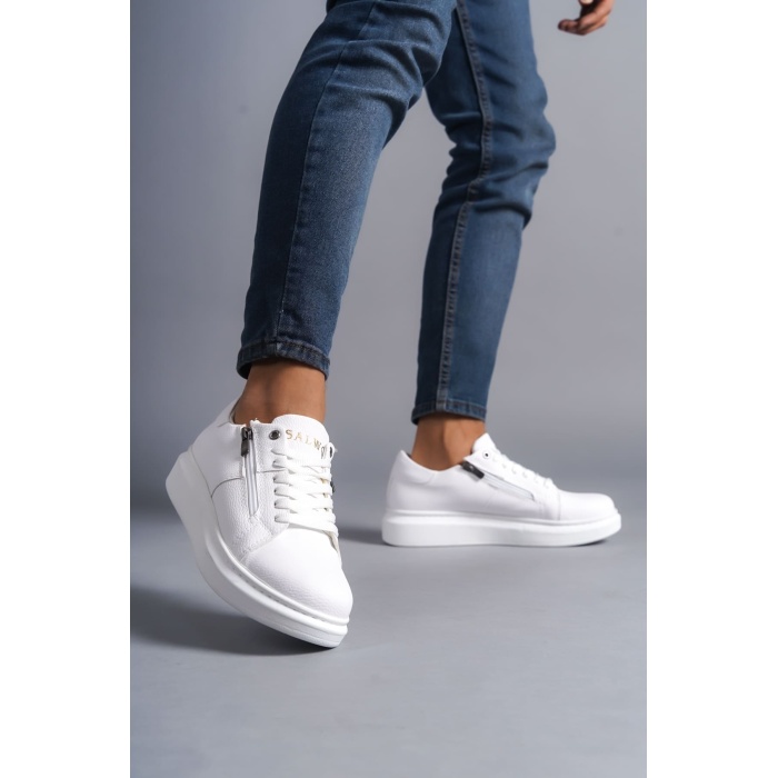 SLW155 Warrior Bağcıklı ve Fermuarlı Cilt Erkek Günlük Sneaker Ayakkabı BT - Beyaz
