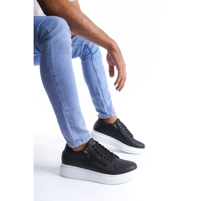 SLW155 Warrior Bağcıklı ve Fermuarlı Cilt Erkek Günlük Sneaker Ayakkabı BT - Siyah