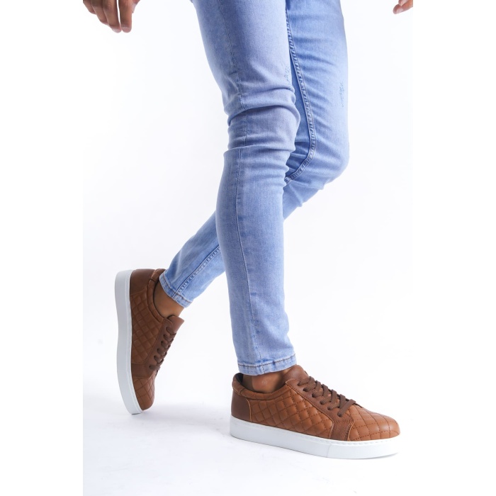 SLW166 Prestige Bağcıklı Cilt Kapitone Desenli Erkek Günlük Sneaker Ayakkabı BT - Taba